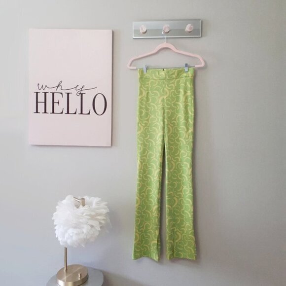 NWT Zara lime green & yellow jacquard high rise flared leggings, S - Picture 8 of 10